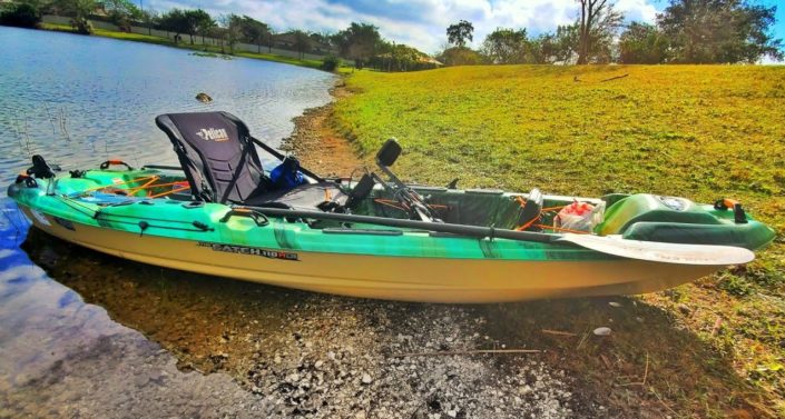 Pelican Catch 110 HD 2 on the beach, ready to go for a recreational trip